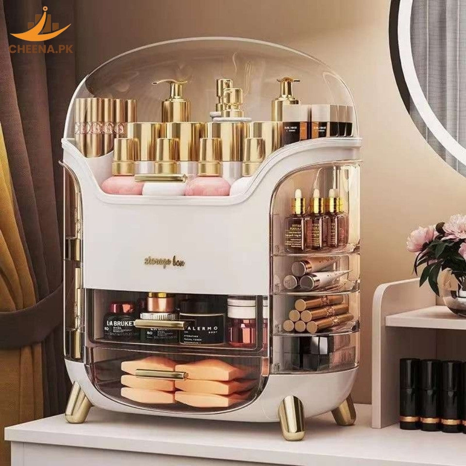 Elegant Multi-Layer Cosmetic Storage Organizer with Lid & Drawers – Makeup & Skincare Holder | cheena.pk